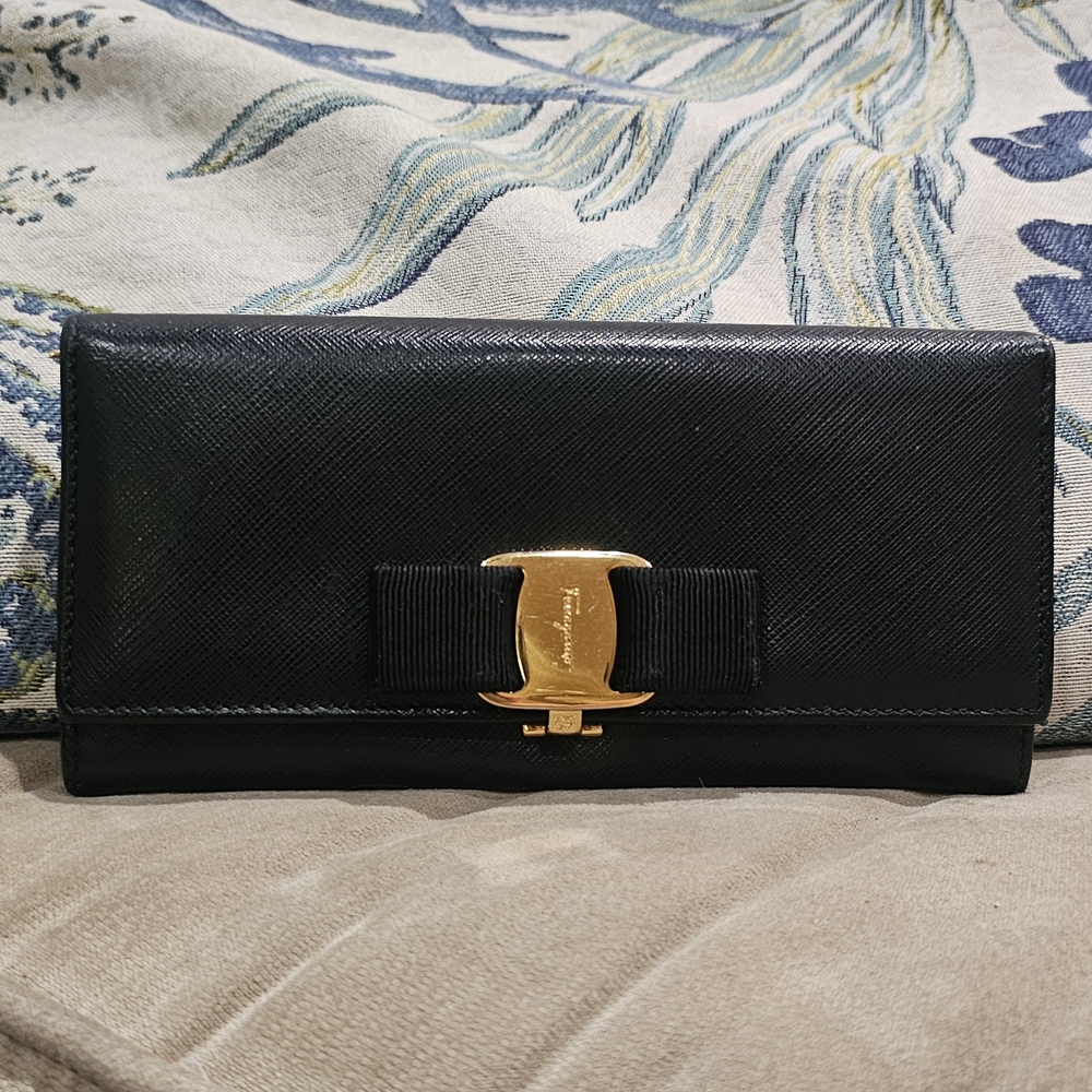 Ferragamo Black Leather Clutch with Gold Accent